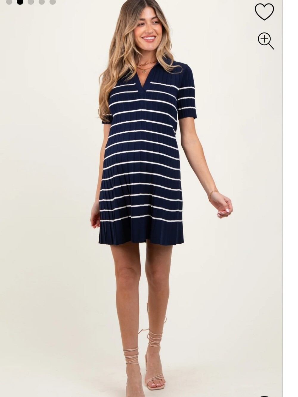 Navy Striped Knit Collared Pleated Maternity Dress